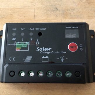 Image is of a solar charge controller that is rectangular and black.